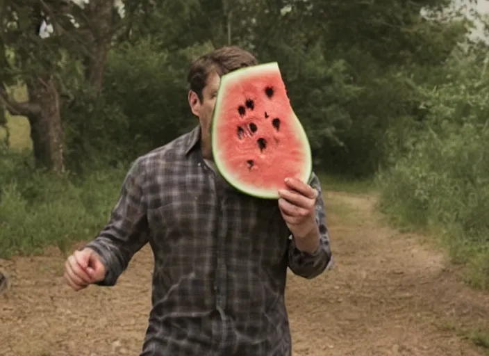 Image similar to film still of a man with a watermelon for a head in the new horror movie, 4 k