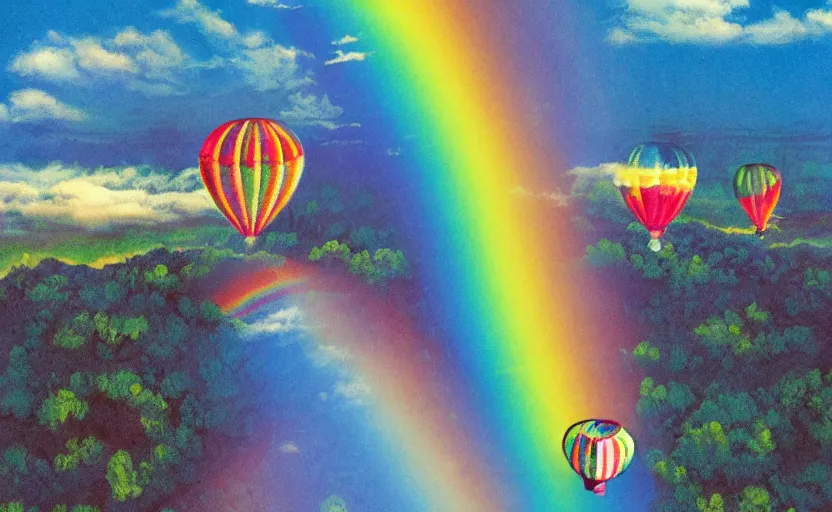 Image similar to hot air balloon flying through a double rainbow, illustration by dr seuss, oh the places you'll go