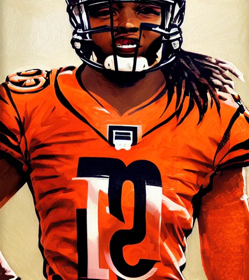 Image similar to highly detailed portrait of ja'marr chase cincinnati bengals football, orange & black uniform with # 1 printed, unreal engine, fantasy art by greg rutkowski, loish, rhads, ferdinand knab, makoto shinkai and lois van baarle, ilya kuvshinov, rossdraws, tom bagshaw, global illumination, radiant light, detailed and intricate environment