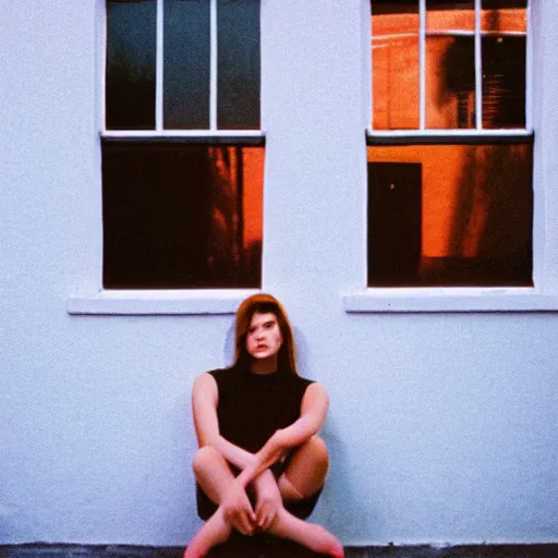 Image similar to girl in a crop top sitting on a window, cinestill 8 0 0 t