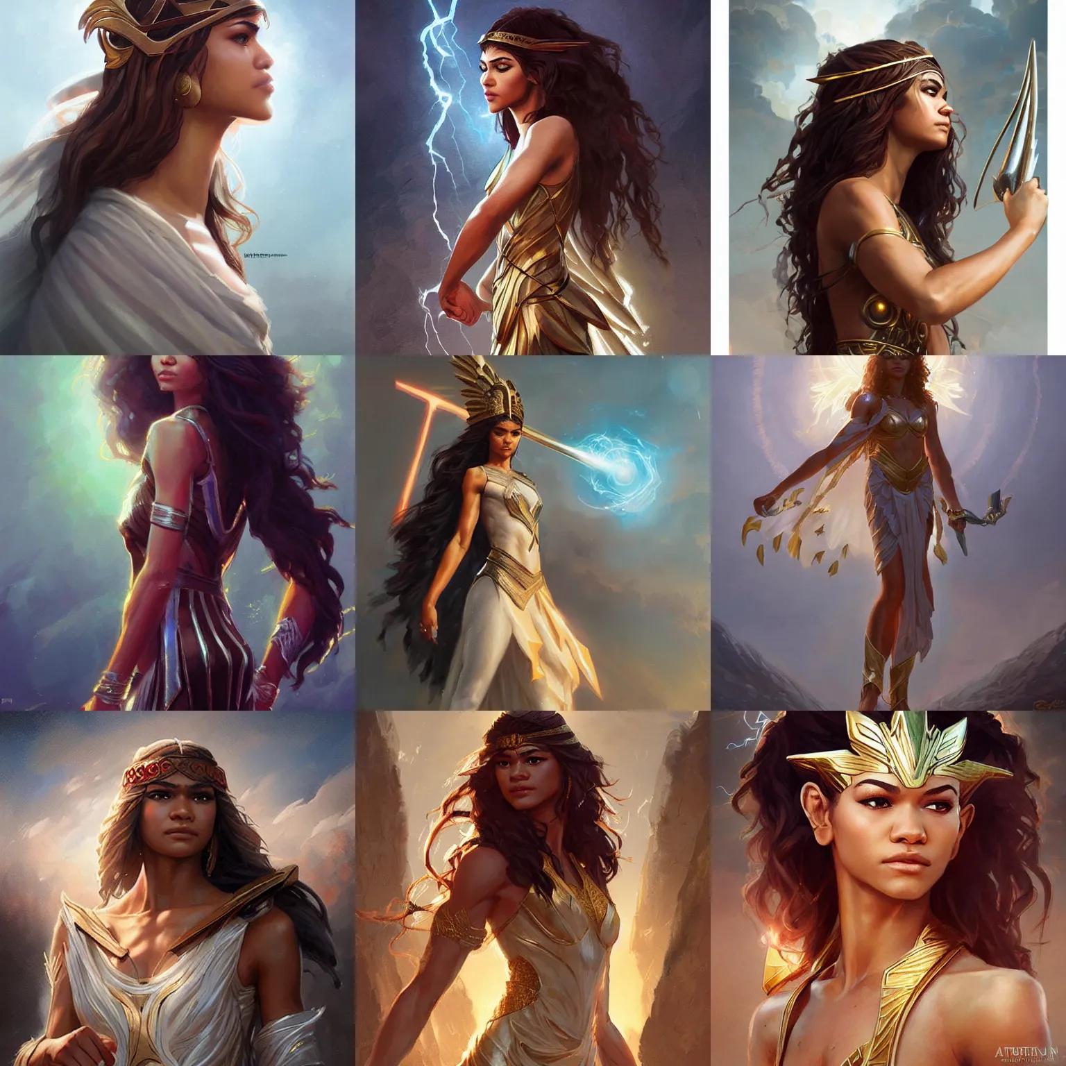 Prompt: zendaya as the greek goddess of thunder, art by artgerm and greg rutkowski and sakimichan, trending on artstation