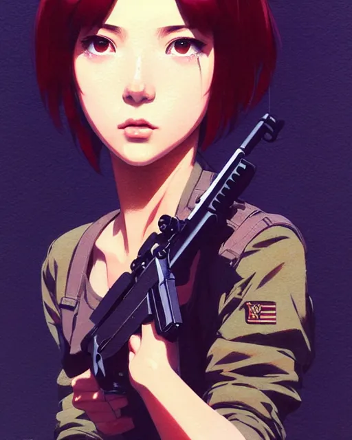 Image similar to girl holding a rifle | | very very anime!!!, fine - face, audrey plaza, realistic shaded perfect face, fine details. anime. realistic shaded lighting poster by ilya kuvshinov katsuhiro otomo ghost - in - the - shell, magali villeneuve, artgerm, jeremy lipkin and michael garmash and rob rey