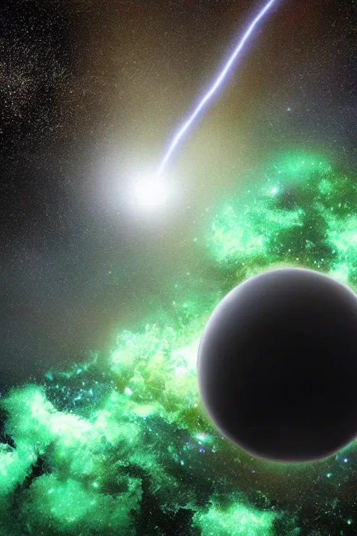 Image similar to a hyper realistic black sphere surrounded by green lightning and mist in the middle of the galaxy