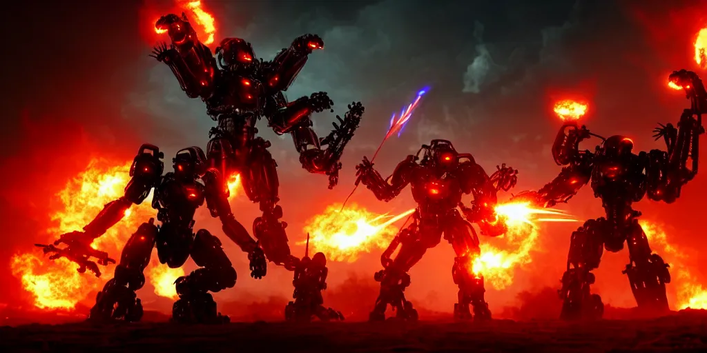 Image similar to cybernetic war at the gates to hades, mecha - warrior battling an alien cyborg in a fiery clash at the gates of hell, 8 k resolution, octane render, photorealistic illustration, low angle pov, dramatic lighting, cinematic fight imagery,