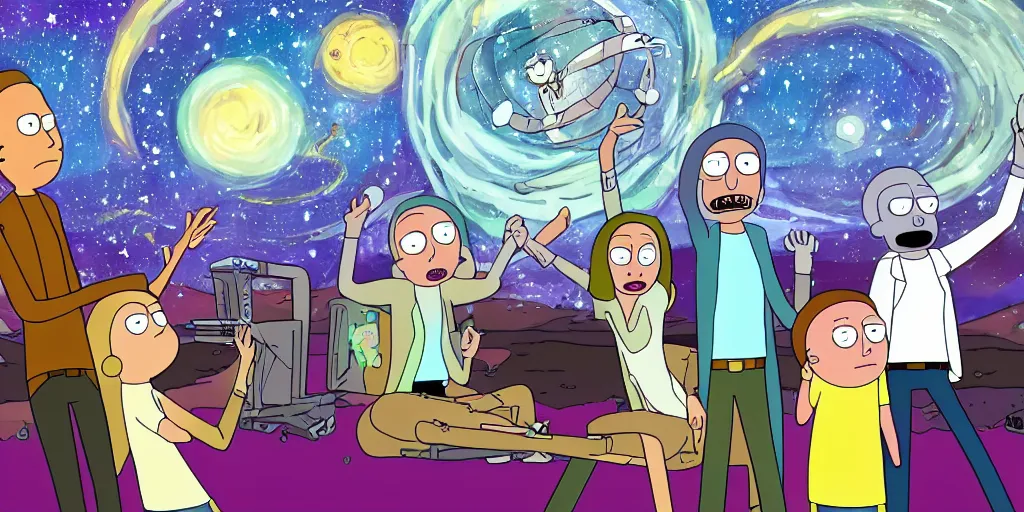 Image similar to sky, stars, galaxy, rick and morty playing harry potter