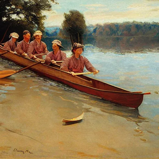 Image similar to a charles r knight painting of kappa rowing a boat