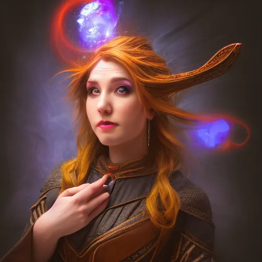 Image similar to beautiful female mage is impressed while looking at the camera , comedy , fantasy, D&D, HDR, natural lighting , award winning photograph, 8k, Mucha style,