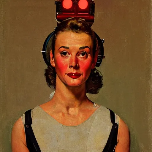 Image similar to Frontal portrait of a woman happy with her bright cybernetic enhancements. A painting by Norman Rockwell.