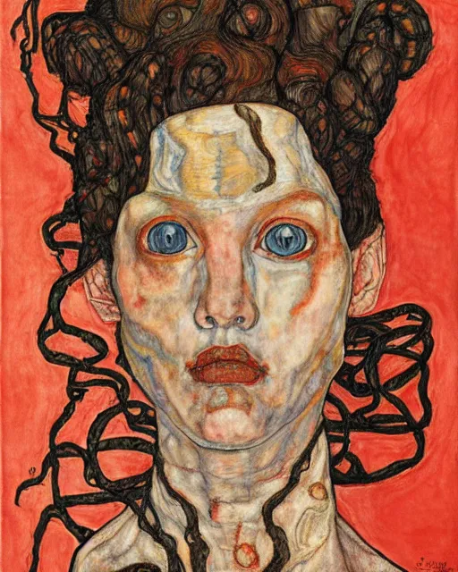 Image similar to portrait of a powerful medusa with many pythons by egon schiele in the style of greg rutkowski