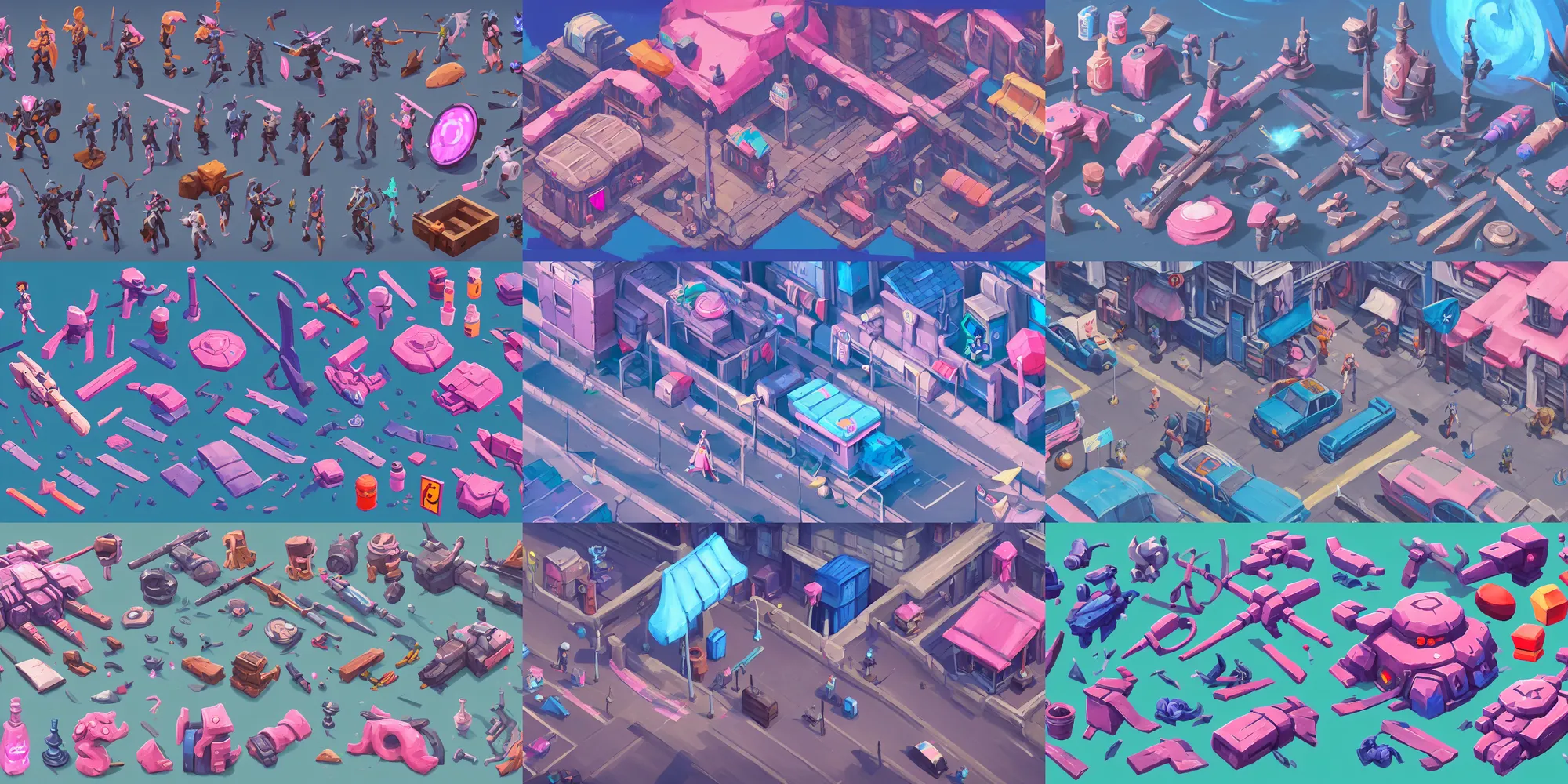 Prompt: game asset of street sideway objects, in gouache detailed paintings, props, stylized, 2 d sprites, kitbash, arcane, overwatch, blue and pink color scheme, 8 k, close up