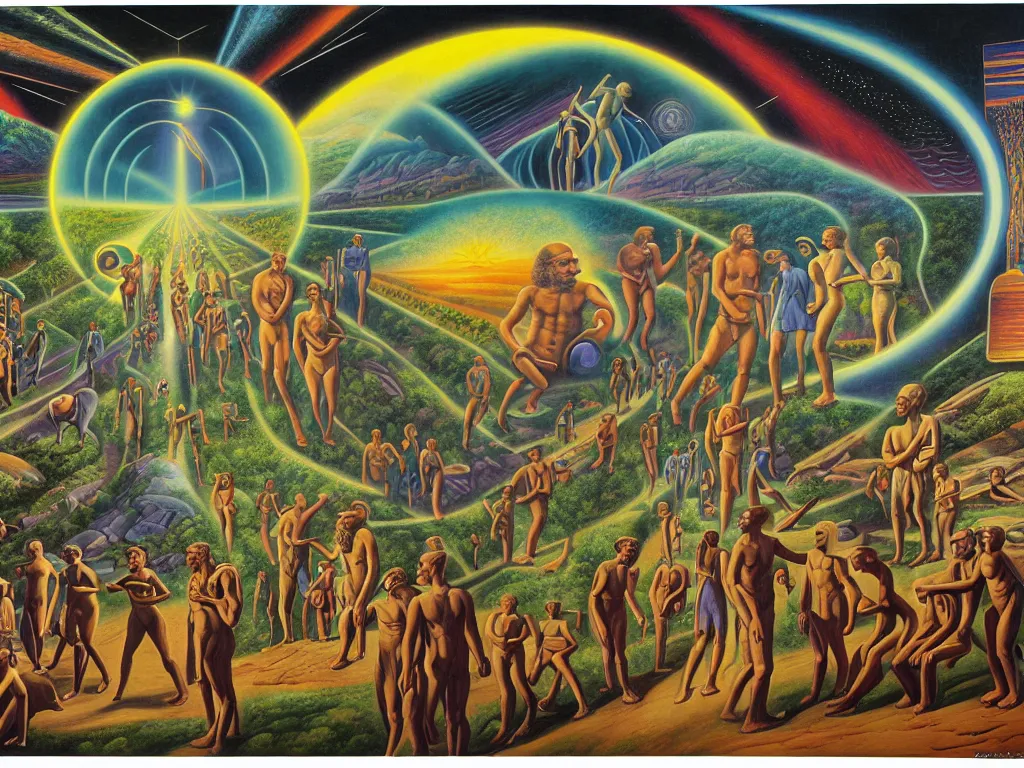 Image similar to human evolution path, spiritual science, divinity, utopian civilization, by david a. hardy, wpa, public works mural, socialist