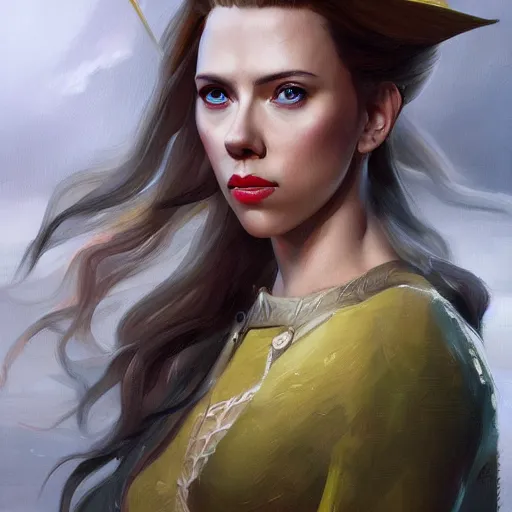 Image similar to a movie still frame, of scarlett johansson as a female elf, oil on linen, beautiful painting, by tooth wu, artgerm, fantasy concept art portrait, by bayard wu, trending on artstation,