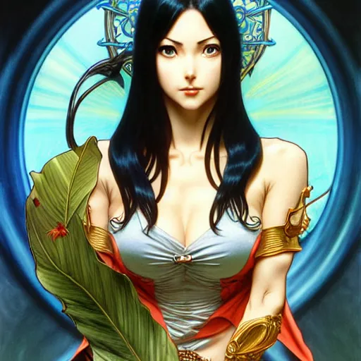 Image similar to intricately detailed vfx portrait of nico robin by eiichiro oda!, makoto shinkai, alphonse mucha, art by artgerm and greg rutkowski!, blue eyes!!, large aquiline nose!!, best of behance, concept art, matte, sharp focus, adolphe bouguereau, annie leibovitz, stanley kubrick,