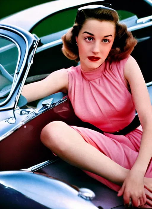 Prompt: Young woman sitting on a sports car, 1950s award winning photo highly detailed, highly in focus, highly life-like, facial closeup taken on Arriflex 35 II, by stanley kubrick