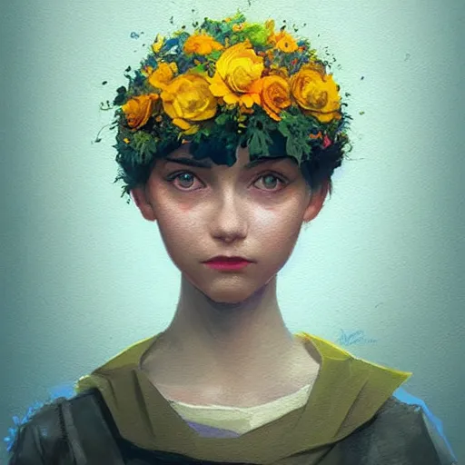 Prompt: Ukrainian girl with a flowers covered into the Ukrainian flag profile picture by Greg Rutkowski, asymmetrical, Organic Painting , Matte Painting, geometric shapes, hard edges, street art, trending on the artstation, graffiti, realistic:2 by Sachin Teng:4, blur: -4