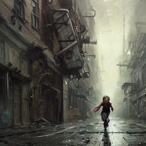 Image similar to sadie sink quickly runs by us | a mechanical monstrosity runs towards us | background : alleyway near decaying tenements. concept art for scifi dystopian film. by nikolay makovsky, bob byerley, wadim kashin, andrea kowch. cinematic moody atmosphere, detailed and intricate, perfect anatomy