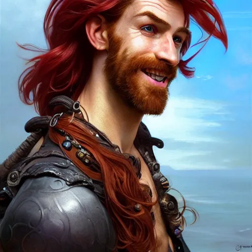 Image similar to portrait of a young ruggedly handsome but joyful pirate, male, masculine, upper body, red hair, long hair, d & d, fantasy, joyful smirk, intricate, elegant, highly detailed, digital painting, artstation, concept art, matte, sharp focus, illustration, crimson hair, art by artgerm and greg rutkowski and alphonse mucha