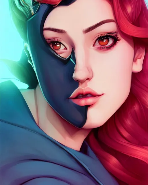 Image similar to a portrait of Lili Reinhart Batgirl comics, red hair, art by lois van baarle and loish and ross tran and rossdraws and sam yang and samdoesarts and artgerm, Joshua Middleton, symmetrical eyes, digital art, highly detailed, intricate, sharp focus, Trending on Artstation HQ, deviantart, unreal engine 5, 4K UHD image