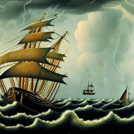 Image similar to a highly detailed hyperrealistic scene of a ship being attacked by giant squid tentacles, jellyfish, squid attack, dark, voluminous clouds, thunder, stormy seas, pirate ship, dark, high contrast