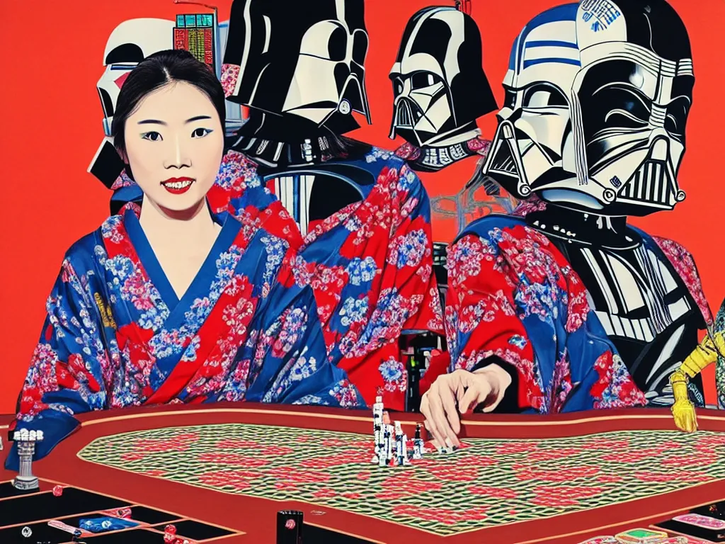 Image similar to hyperrealistic composition of the detailed woman in a japanese kimono with a c 3 p 0 robot head sitting at a extremely detailed poker table with darth vader, fireworks, mountain fuji on the background, pop - art style, jacky tsai style, andy warhol style, acrylic on canvas