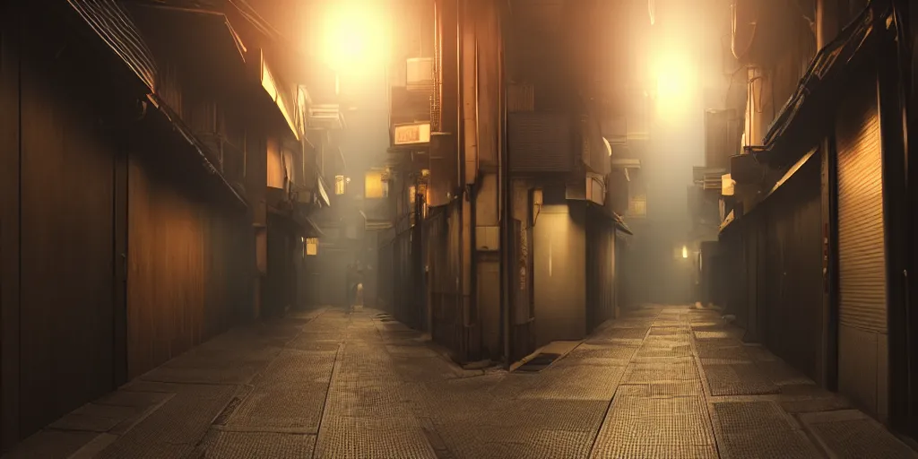 Image similar to a japanese alleyway in the style of blade runner 2049, volumetric lighting,