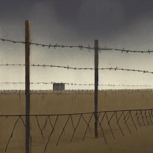 Prompt: a dystopian matte painting of a scared man standing in front of a fence with barbed wire by emiliano ponzi, james gilleard, george ault, david hockney, atey ghailan, albert namatjira, marius borgeaud, minimalist, bauhaus, retrofuturism, concept art, matte background, matte drawing, generative art