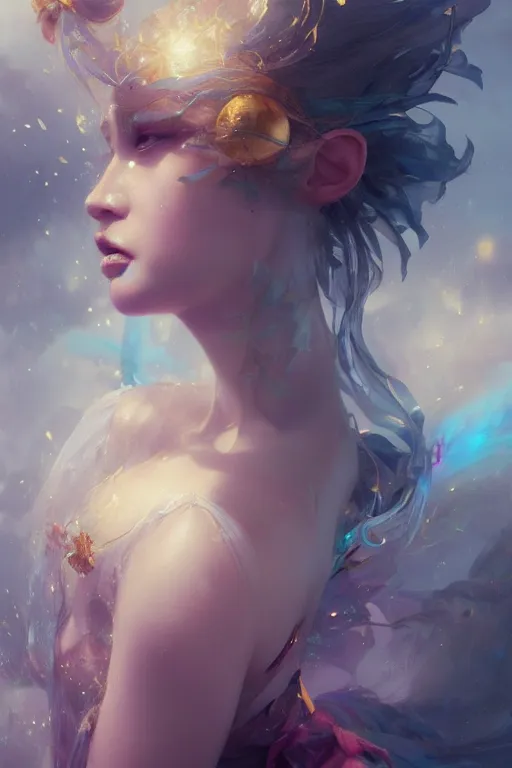 Image similar to face closeup beautiful girl fairy wearing velvet dress floating on water, 3 d render, holding electricity, hyper realistic detailed portrait, ruan jia, wlop, fantasy, hyper detailed, octane render, concept art, peter mohrbacher