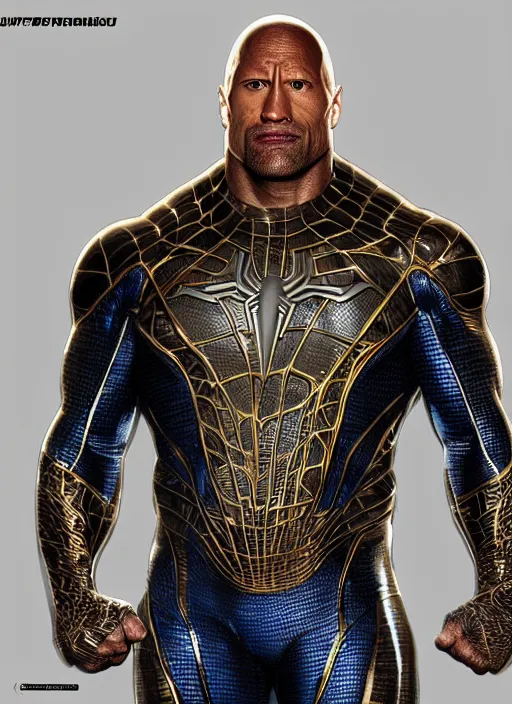 Image similar to hyper realistic dwayne johnson as spiderman in a obsidian metal armor, futuristic design, designed by makoto kobayashi and luca zampriolo, portrait, cyberpunk style, wood and gold details, intricate, extremely detailed, ornate, deep of field, hard surface, exoskeleton, substance designer metal unreal engine. amazing likeness. very detailed.