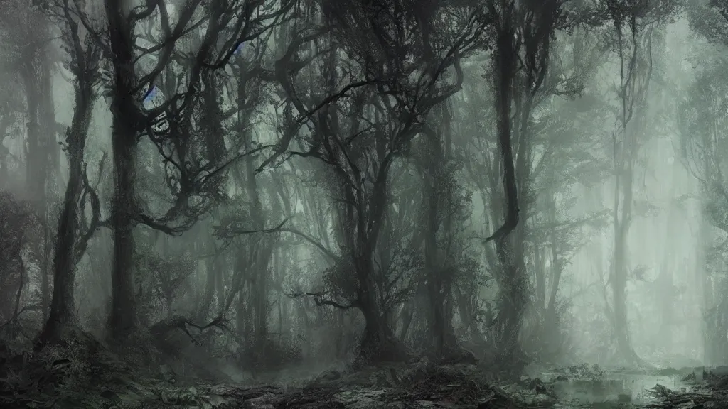 Image similar to lush but gloomy forest, Nazgul, horrors, decay, digital art by Ruan Jia, Rudolf Béres, James Zapata, Jamey Jones