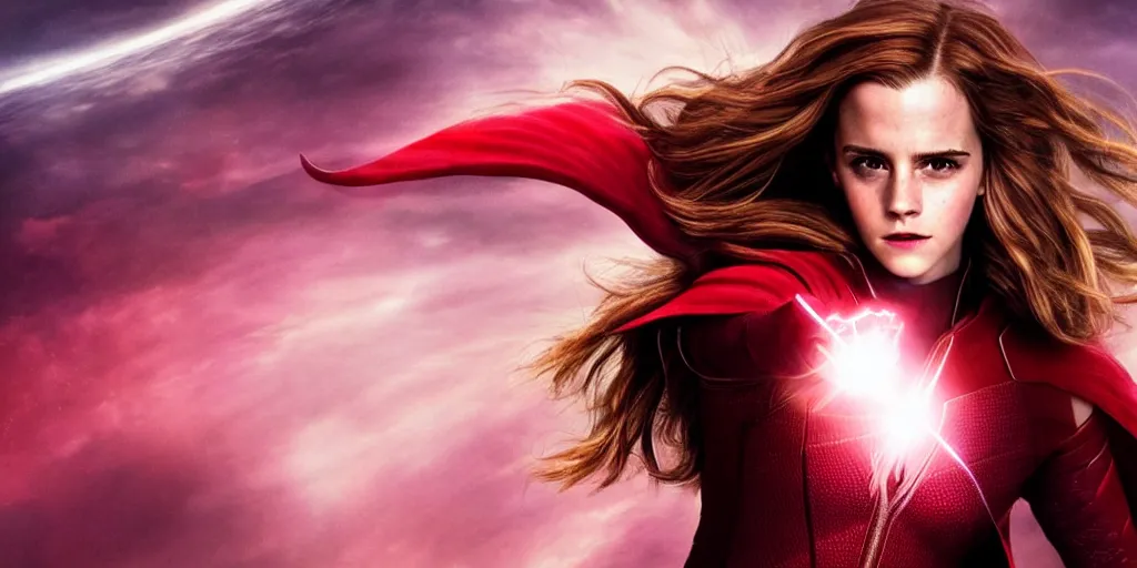 Prompt: photorealistic art of Emma Watson as Scarlet Witch, dynamic lighting, space atmosphere, hyperrealism, stunning visuals