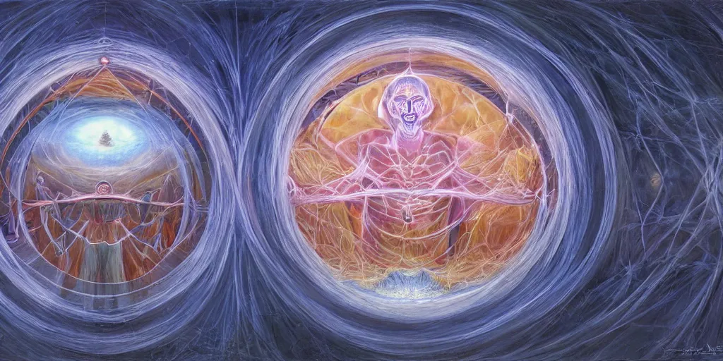 Image similar to dome syndrome is a mental projection of a self - contained vessel of light, constructed by one's own mental perceptions, however, this liberating space often turns out to be a limiting condition for exploring what truly lies beyond, volumetric lighting and shadows, concept art, biomechanical, realistic oil painting by alex grey