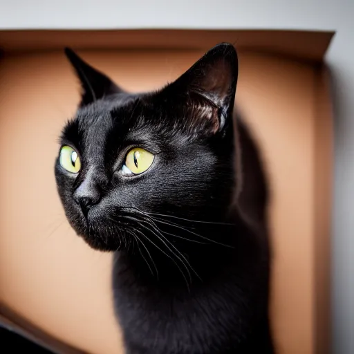 Prompt: a closeup depth of field shot of a black cat whose face is half black and half grey, perfectly split down the middle, laying in a box, photograph, bedroom, professional lighting and focus