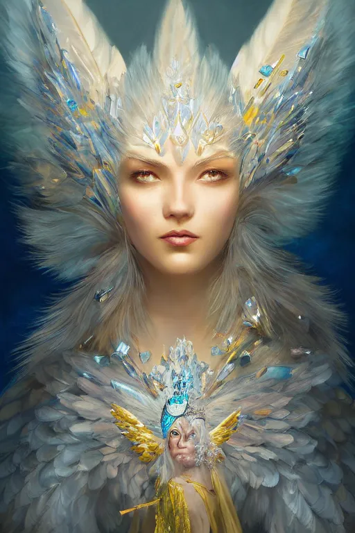 Image similar to beautiful princess with face covered with blue diamond crystals jewels wearing frost feathers, diamonds, angel, fantasy, yellow background beam, dramatic lighting, highly detailed, digital painting, magic the gathering, 3 d render, hyper realistic detailed portrait, peter mohrbacher, wlop, ruan jia