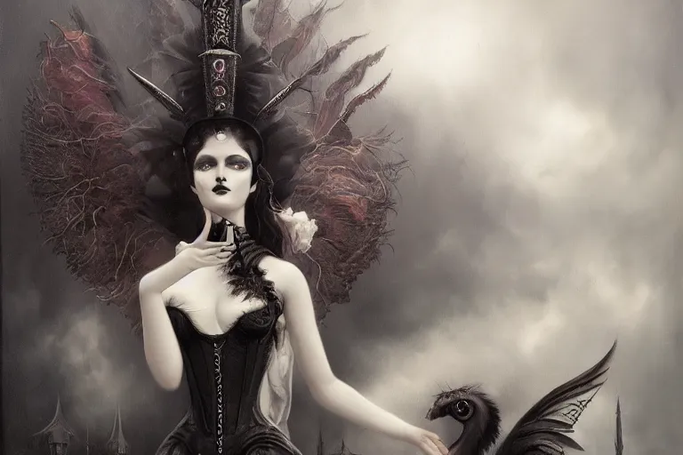 Prompt: By Tom Bagshaw, ultra realist soft painting of curiosities carnival by night, very beautiful horn single female blinking gothic corset , symmetry accurate features, very intricate details, ominous sky, black and white, volumetric light clouds