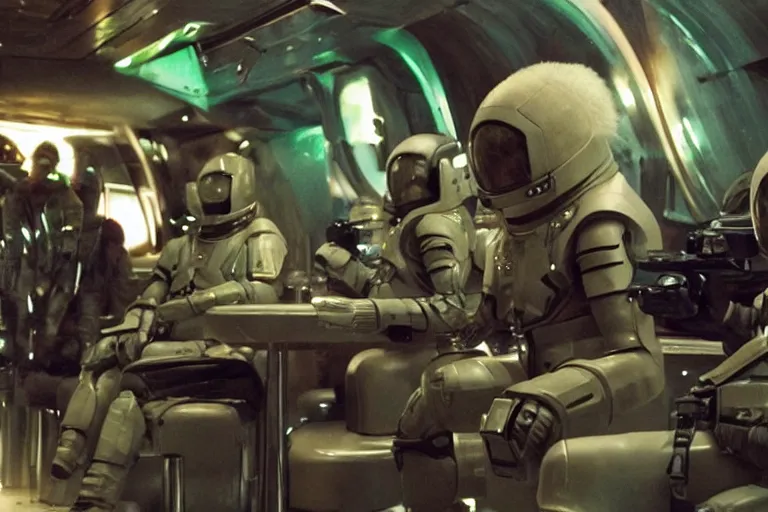 Image similar to sci-fi movie cinematography of space soldiers sitting in an alien bar. By Emmanuel Lubezki