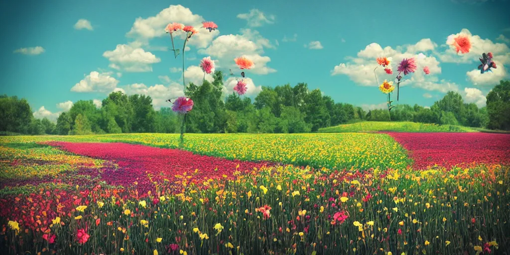 Prompt: on a sunny day, a field full of flowers, in the style of Beeple