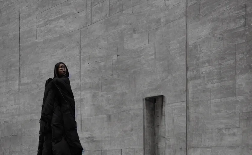 Image similar to beautifully lit fashion portrait of extremely beautiful black female marble statue wearing huge oversize quilted flowing floor length long puffer jacket by dingyun zhang, yeezy, balenciaga, vetements, a cold wall, sharp focus, clear, detailed, romantic, brutalist architecture in background, detailed, white, soft, symmetrical, vogue, editorial, fashion, magazine shoot, glossy