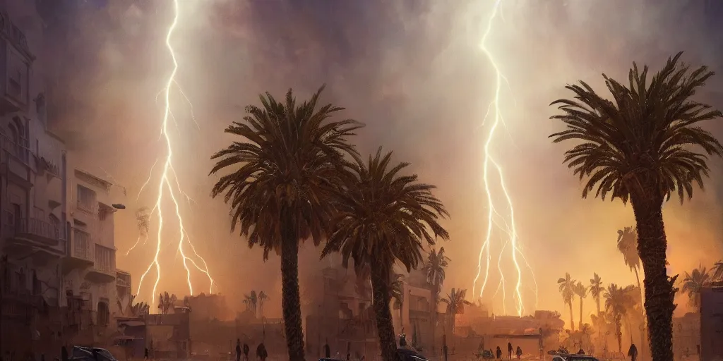 Image similar to thunderstorm in marrakech, palm trees, lightning, tsunami, flying vehicles, moroccan mosque, wlop, james jean, tom bagshaw, rococo, trending on artstation, fantasy, intricate, elegant, highly detailed, digital painting, concept art, smooth, illustration, cinematic lighting, hyper realism, octane render, 8 k, hyper detailed.