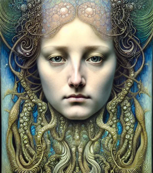 Image similar to detailed realistic beautiful opal goddess face portrait by jean delville, gustave dore, iris van herpen and marco mazzoni, art forms of nature by ernst haeckel, art nouveau, symbolist, visionary, gothic, neo - gothic, pre - raphaelite, fractal lace, intricate alien botanicals, biodiversity, surreality, hyperdetailed ultrasharp octane render