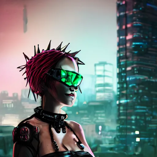 Image similar to an adult cyberpunk woman wearing large spiked punk collar, choker, steel choker, portrait, 4K, digital art, deviantart, artstation, neon, buildings in background,