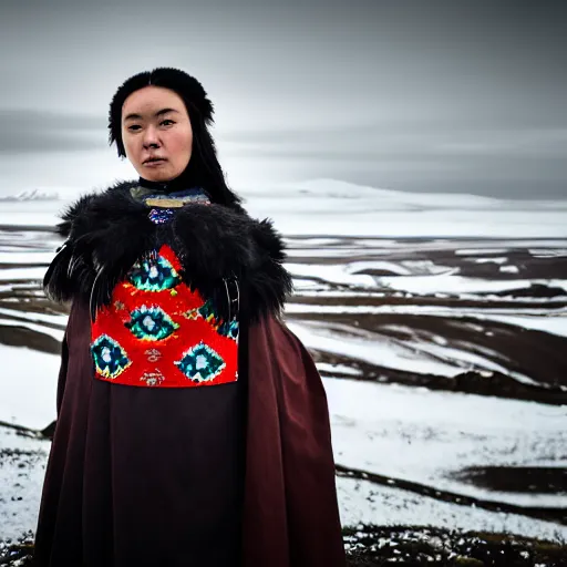 Prompt: ethnographic portraiture photograph of an extremely beautiful!!!! young woman with symmetric face. with a very detailed raven!!! on her shoulder. wearing traditional greenlandic national lcostume. in iceland. petzval lens. shallow depth of field. on flickr, art photography,