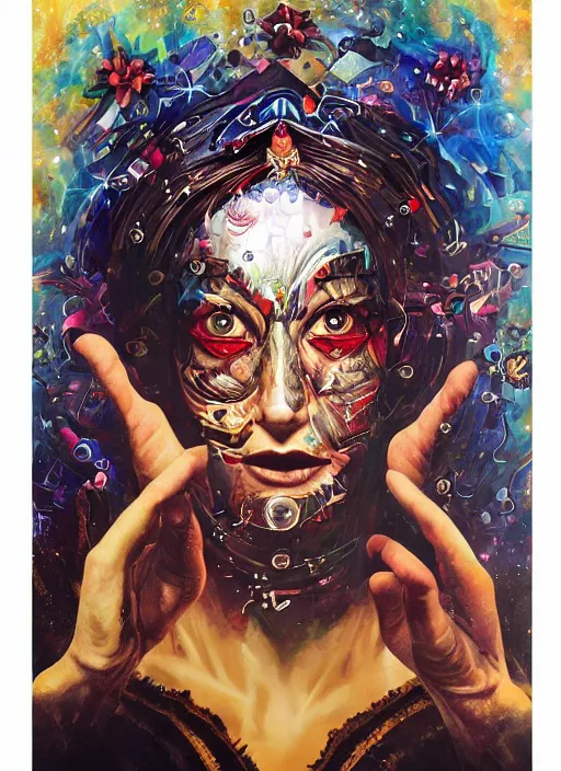 Image similar to collage of gorgeous magic cult psychic woman smiling, third eye, energetic consciousness psychedelic, epic surrealism expressionism symbolism, story telling, iconic, dark robed, oil painting, symmetrical face, dark myth mythos, by Sandra Chevrier Noriyoshi Ohrai masterpiece