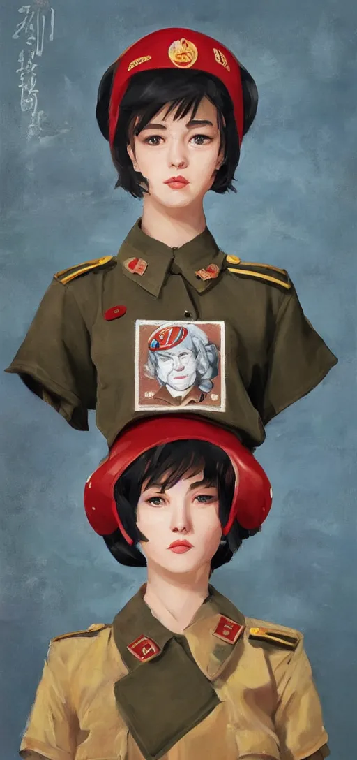 Image similar to oil paining of twentytwo year old female character with ( ( ( cat ears ) ) ) wearing soviet era uniform, wearing a tshirt with a face of karl marx on it, in the style of krenz cushart