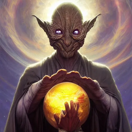 Image similar to the creator of worlds wearing a cloak and holding a holographic planet projection in his hand, detailed, sci - fi, digital painting, artstation, sharp focus, illustration, ominous, artgerm, tomasz alen kopera, peter mohrbacher, donato giancola, joseph christian leyendecker, wlop, frank frazetta