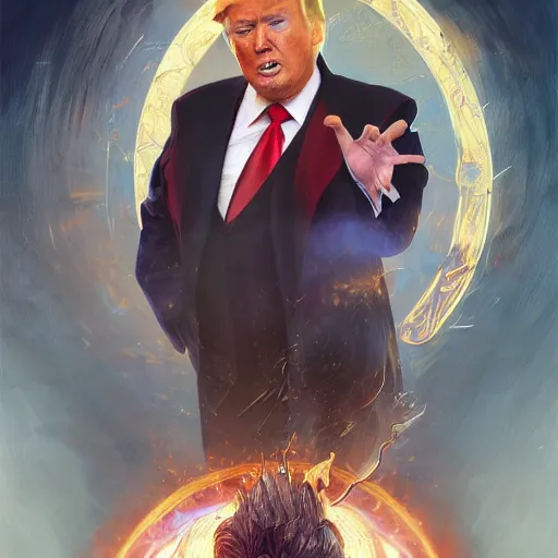 Image similar to Three quarters portrait of Donald Trump as a Wizard casting a spell, highly detailed, digital painting, art by Stanley Lau and Artgerm and magali villeneuve and Alphonse Mucha, artstation, octane render, cgsociety