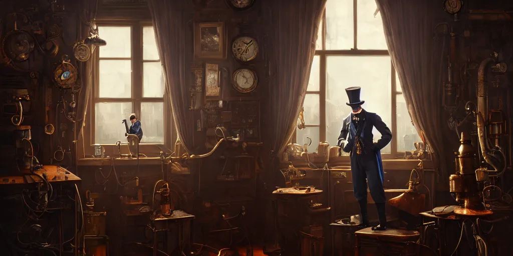 Image similar to highly detailed portrait painting of victorian gentleman, steampunk, welder, room mono window, by eddie mendoza and tyler edlin, 8 k resolution