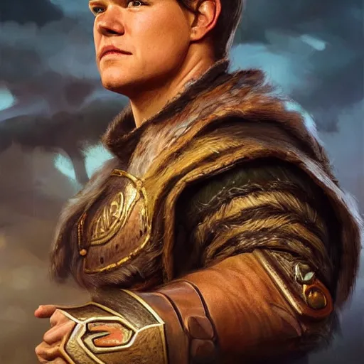 Image similar to dnd character concept portrait, human druid like matt damon, detailed, high quality, dynamic lighting, fantasy, artwork by artgerm, wlop, alex ross, greg rutknowski, alphonse mucha