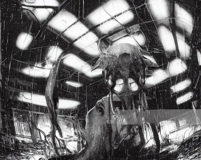 Image similar to camera footage of a extremely aggressive Giant mutated Octopus with glowing white eyes, Human Features, Teeth, in an abandoned shopping mall, Psychic Mind flayer, Terrifying, Silhouette :7 , high exposure, dark, monochrome, camera, grainy, CCTV, security camera footage, timestamp, zoomed in, Feral, fish-eye lens, Fast, Radiation Mutated, Nightmare Fuel, Wolf, Evil, Bite, Motion Blur, horrifying, lunging at camera :4 bloody dead body, blood on floors, windows and walls :5