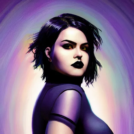 Image similar to high key studio lighting headshot portrait of a curvy sensual young female goth, asymmetrical haircut, beautiful character fashion design, directed by Alex Garland and Christopher Nolan, art by Paul Lehr and David Heskin and Mandy Jurgens and Josan Gonzalez, Artgerm, WLOP, Hi-Fructose