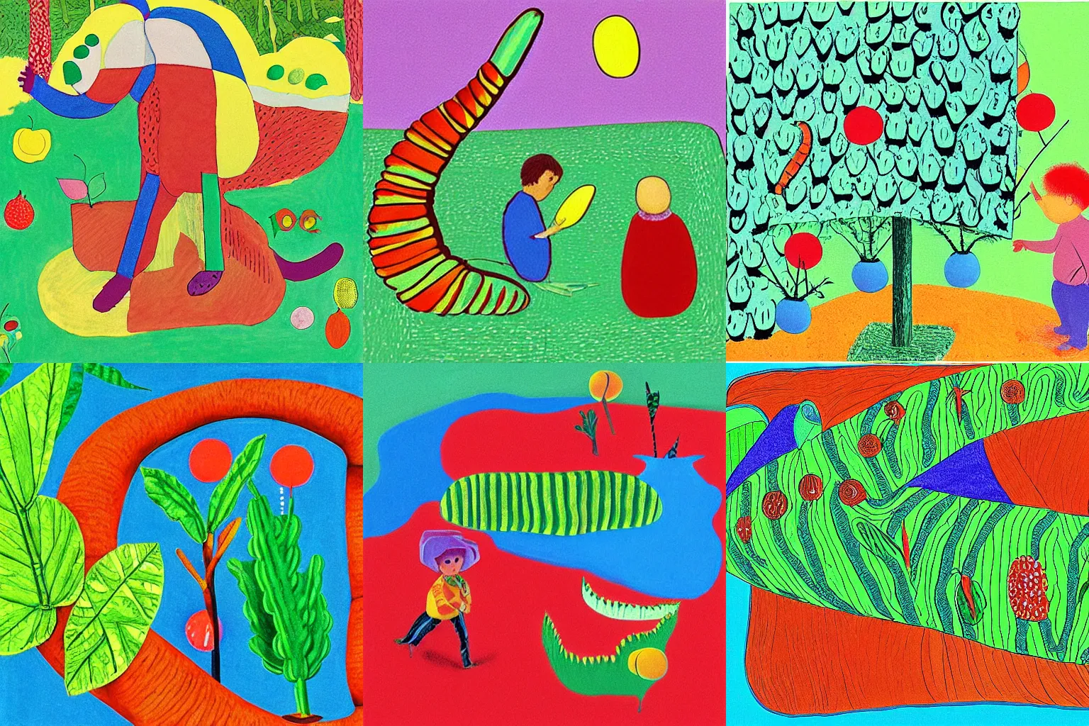 Prompt: “coloured storybook illustration for the very hungry caterpillar, by david Hockney”